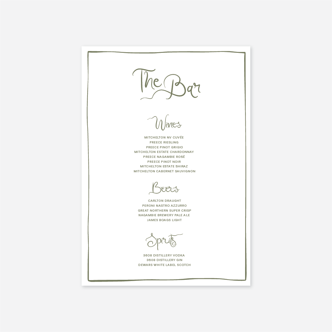 Whimsical wedding bar menu wedding stationery in White — Just Hitched