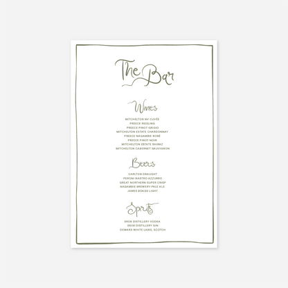Whimsical wedding bar menu wedding stationery in White — Just Hitched