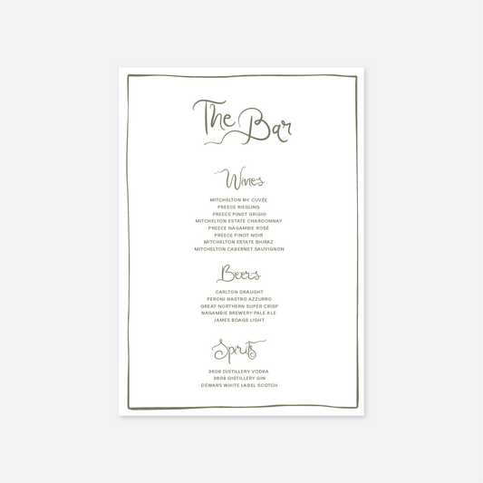 Whimsical wedding bar menu wedding stationery in Sage — Just Hitched