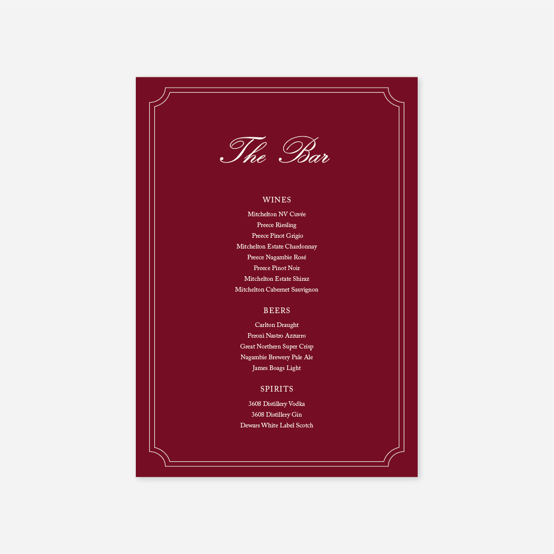 Heritage wedding bar menu wedding stationery in Cherry — Just Hitched