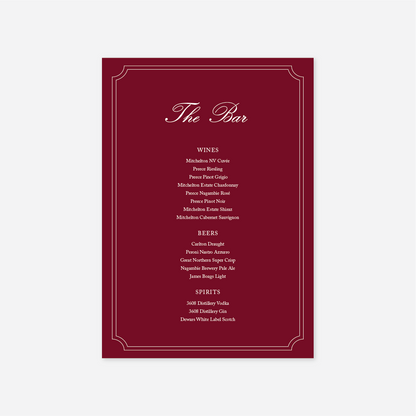 Heritage wedding bar menu wedding stationery in Cherry — Just Hitched