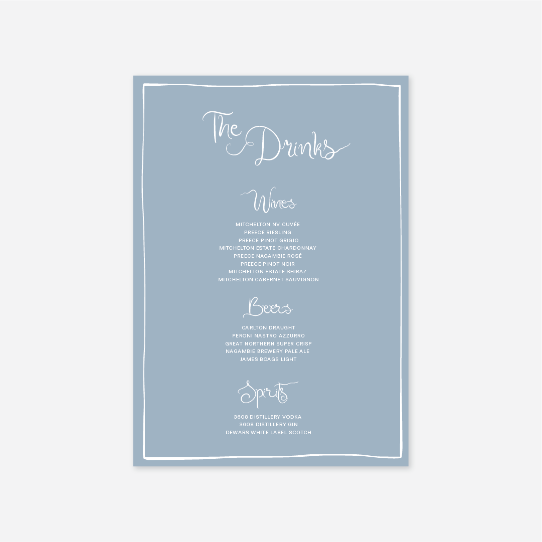 Whimsical wedding drinks menu wedding stationery in Blue — Just Hitched