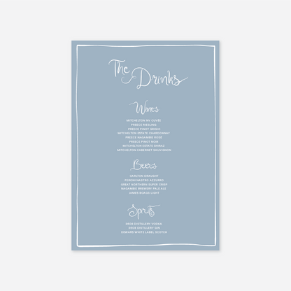 Whimsical wedding drinks menu wedding stationery in Blue — Just Hitched