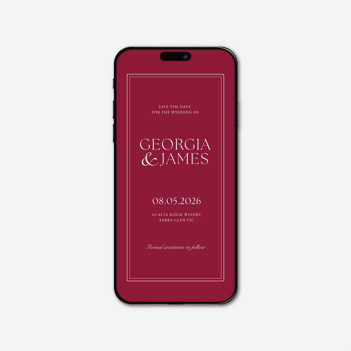 Digital save the date card (Romance-style) in Cherry Red — Just Hitched