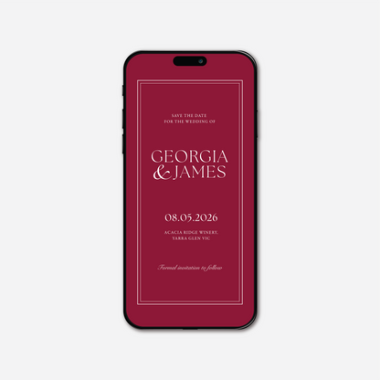Digital save the date card (Romance-style) in Cherry Red — Just Hitched