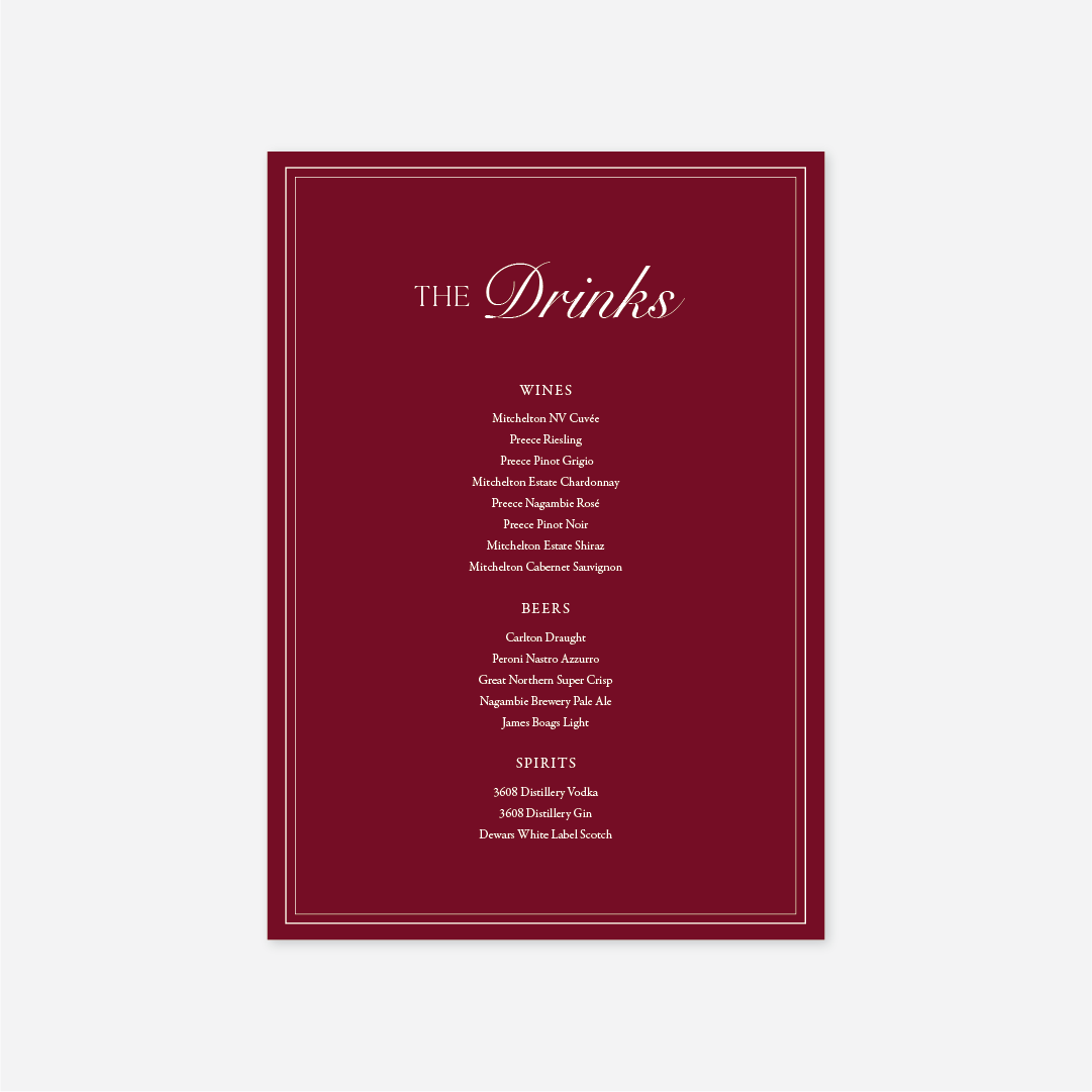 Romance wedding drinks menu wedding stationery in Cherry — Just Hitched