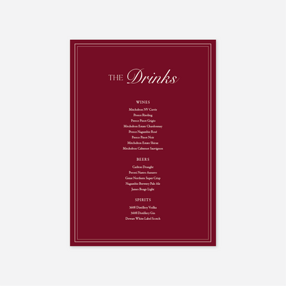 Romance wedding drinks menu wedding stationery in Cherry — Just Hitched