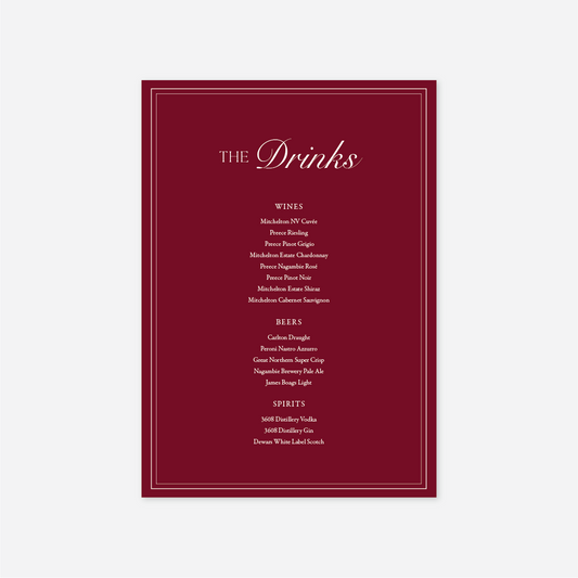 Romance wedding drinks menu wedding stationery in Cherry — Just Hitched