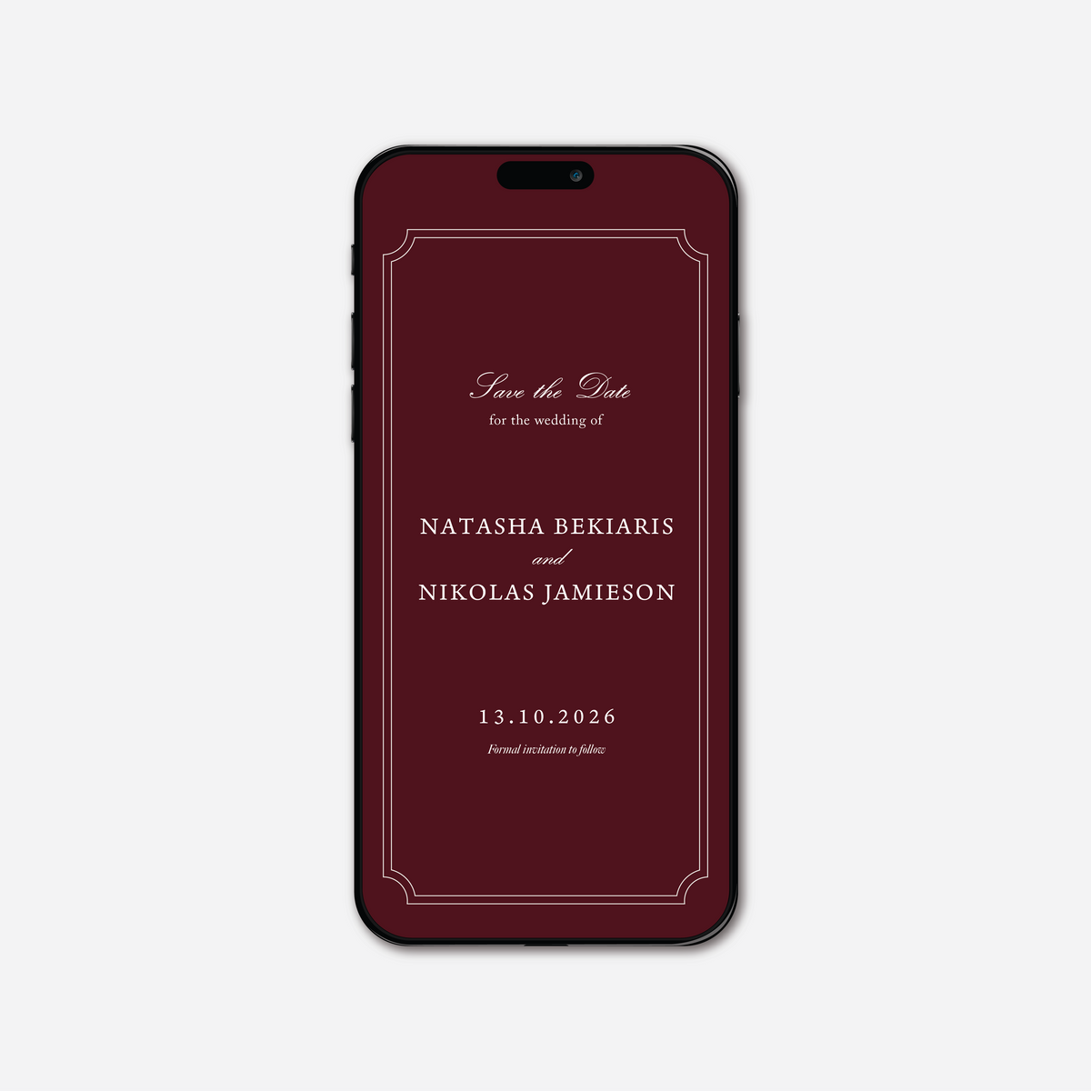 Digital save the date card (Heritage-style) in Burgundy — Just Hitched