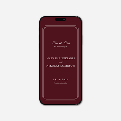Digital save the date card (Heritage-style) in Burgundy — Just Hitched