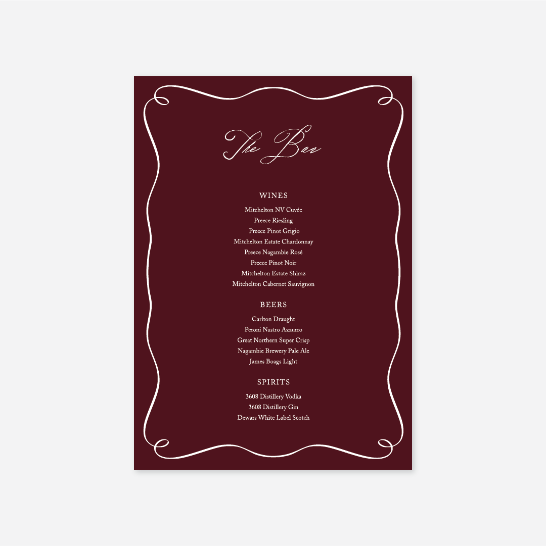 Elegance wedding bar menu wedding stationery in Burgundy — Just Hitched
