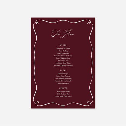 Elegance wedding bar menu wedding stationery in Burgundy — Just Hitched