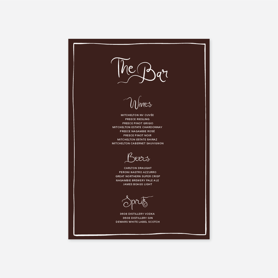 Whimsical wedding bar menu wedding stationery in Chocolate — Just Hitched