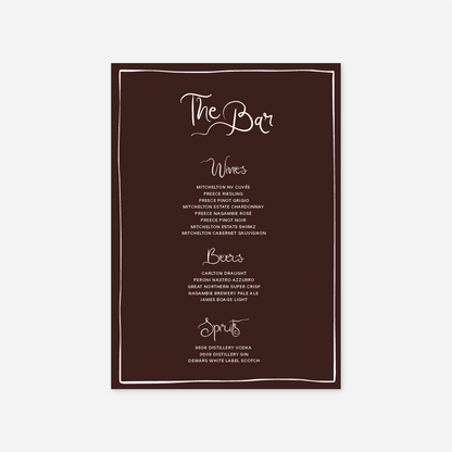 Whimsical wedding bar menu wedding stationery in Chocolate — Just Hitched
