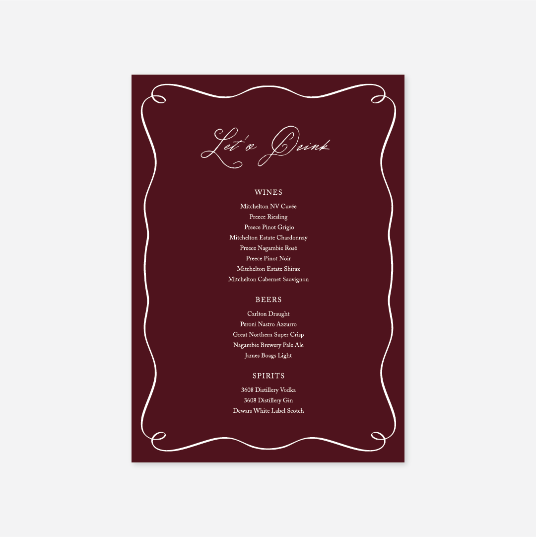 Elegance wedding drinks menu wedding stationery in Burgundy — Just Hitched