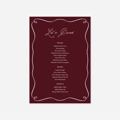 Elegance wedding drinks menu wedding stationery in Burgundy — Just Hitched