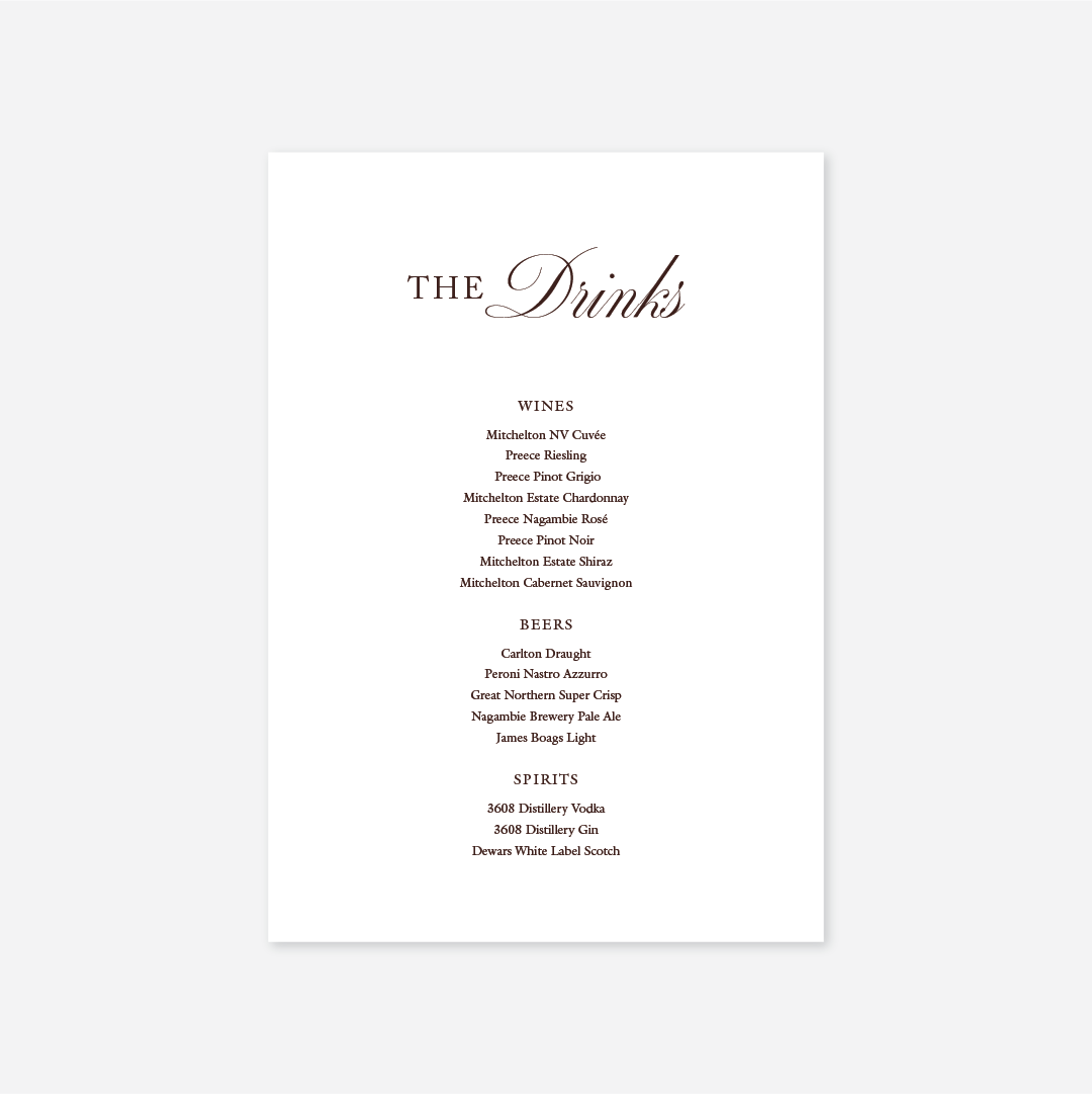 Classic wedding drinks menu wedding stationery in White — Just Hitched