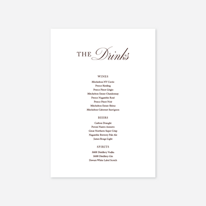 Classic wedding drinks menu wedding stationery in White — Just Hitched