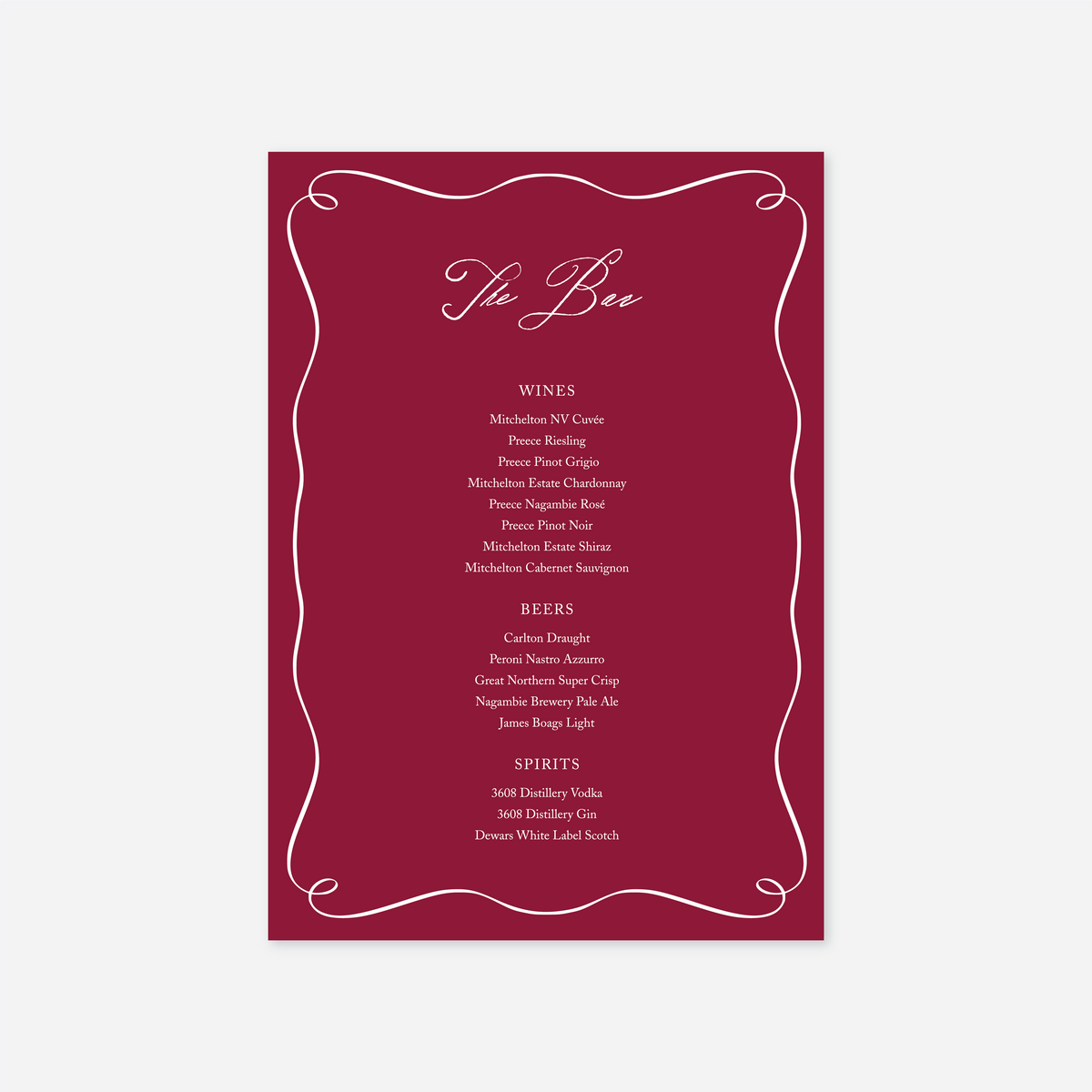 Elegance wedding bar menu wedding stationery in Cherry — Just Hitched