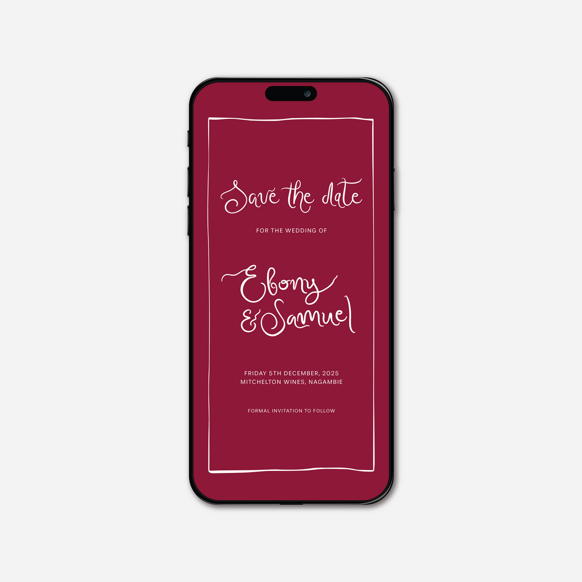 Digital save the date card (Whimsical-style) in Cherry Red — Just Hitched