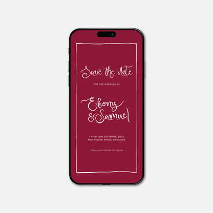 Digital save the date card (Whimsical-style) in Cherry Red — Just Hitched