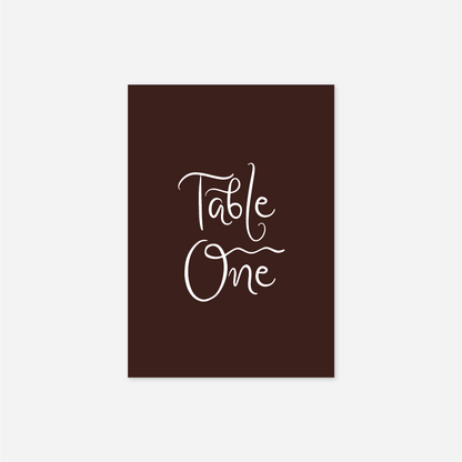 Whimsical wedding table number wedding stationery in Chocolate — Just Hitched
