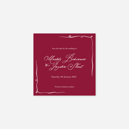 Elegance save the date card wedding stationery in Cherry Red — Just Hitched