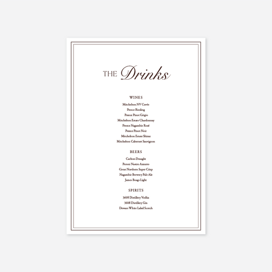 Romance wedding drinks menu wedding stationery in Cherry — Just Hitched