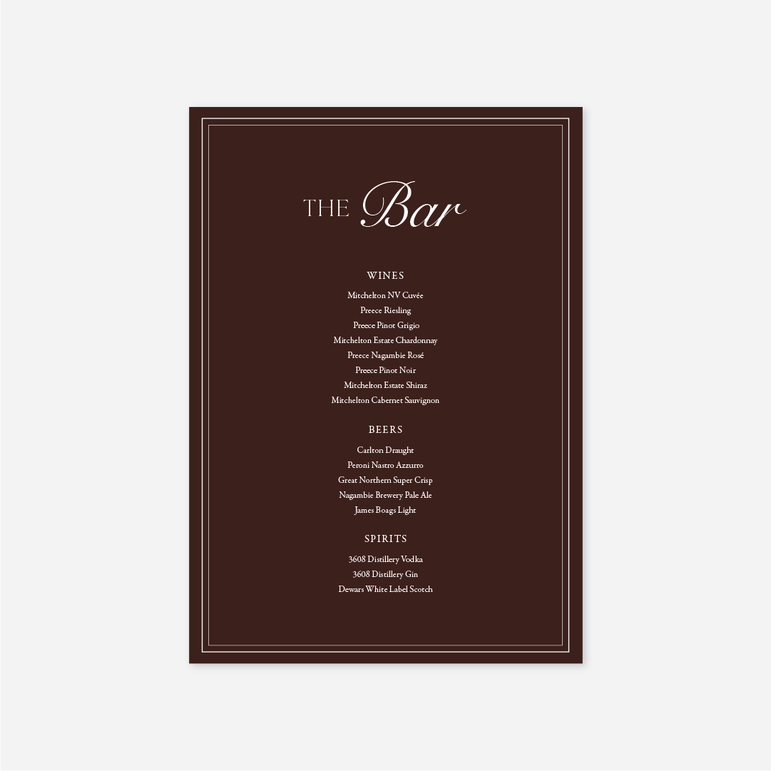 Romance wedding bar menu wedding stationery in Chocolate — Just Hitched