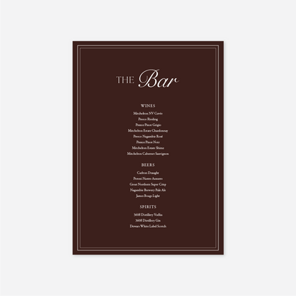 Romance wedding bar menu wedding stationery in Chocolate — Just Hitched
