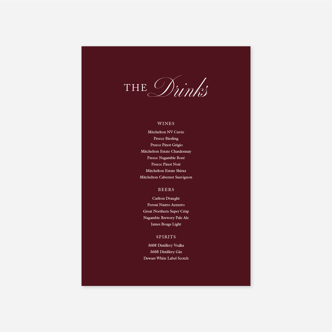 Classic wedding drinks menu wedding stationery in Burgundy — Just Hitched