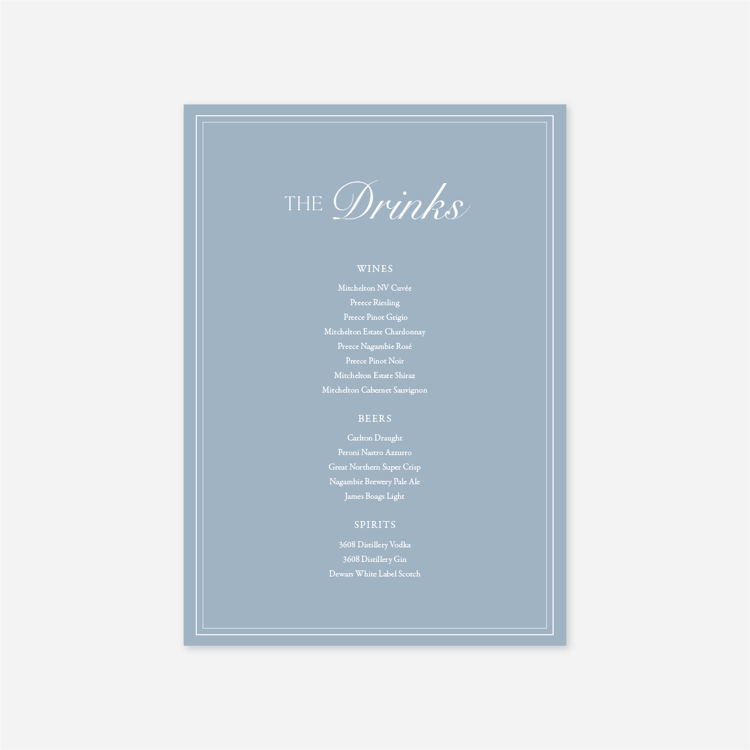 Romance wedding drinks menu wedding stationery in Blue — Just Hitched