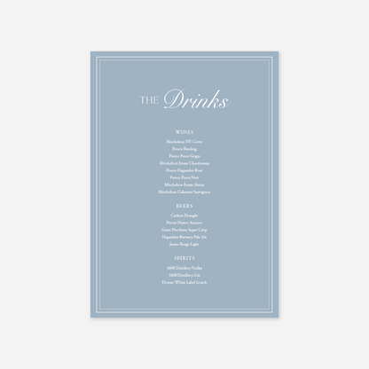 Romance wedding drinks menu wedding stationery in Blue — Just Hitched
