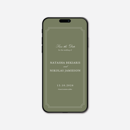 Digital save the date card (Heritage-style) in Sage Green — Just Hitched