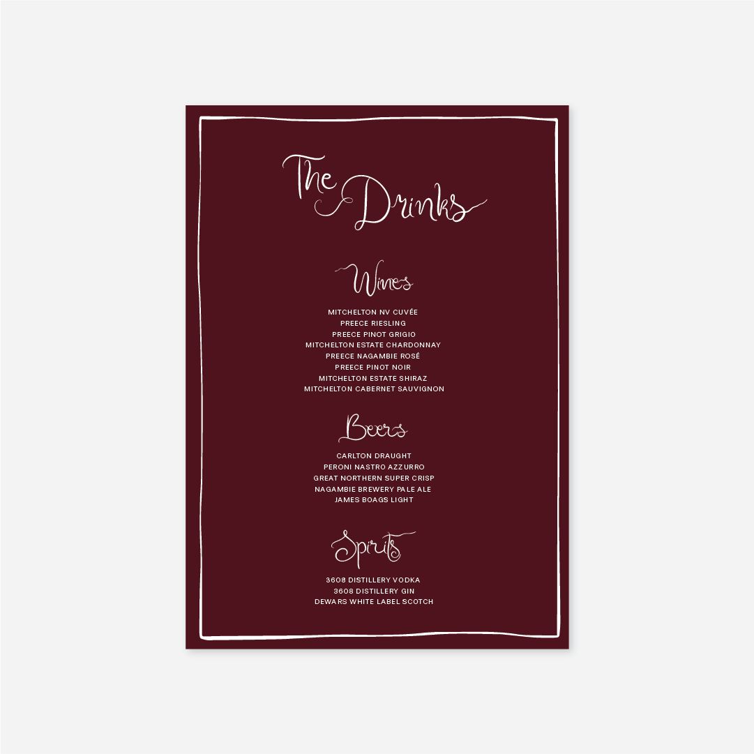Whimsical wedding drinks menu wedding stationery in Burgundy — Just Hitched