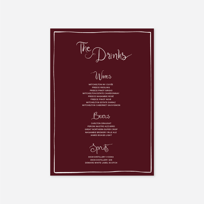 Whimsical wedding drinks menu wedding stationery in Burgundy — Just Hitched