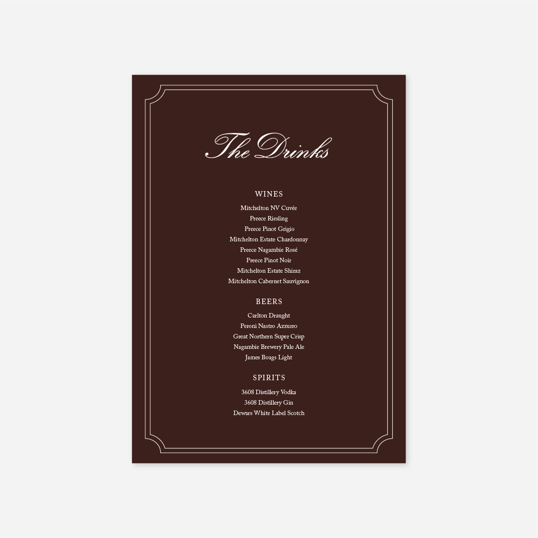 Heritage wedding drinks menu wedding stationery in Chocolate — Just Hitched