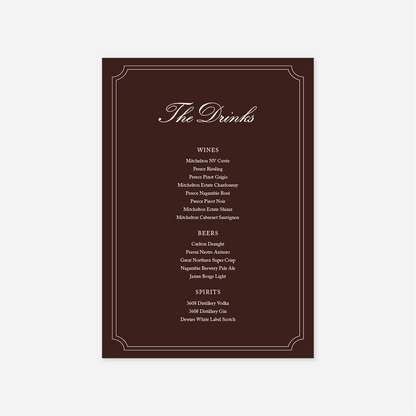 Heritage wedding drinks menu wedding stationery in Chocolate — Just Hitched