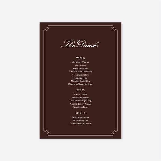 Heritage wedding drinks menu wedding stationery in Chocolate — Just Hitched