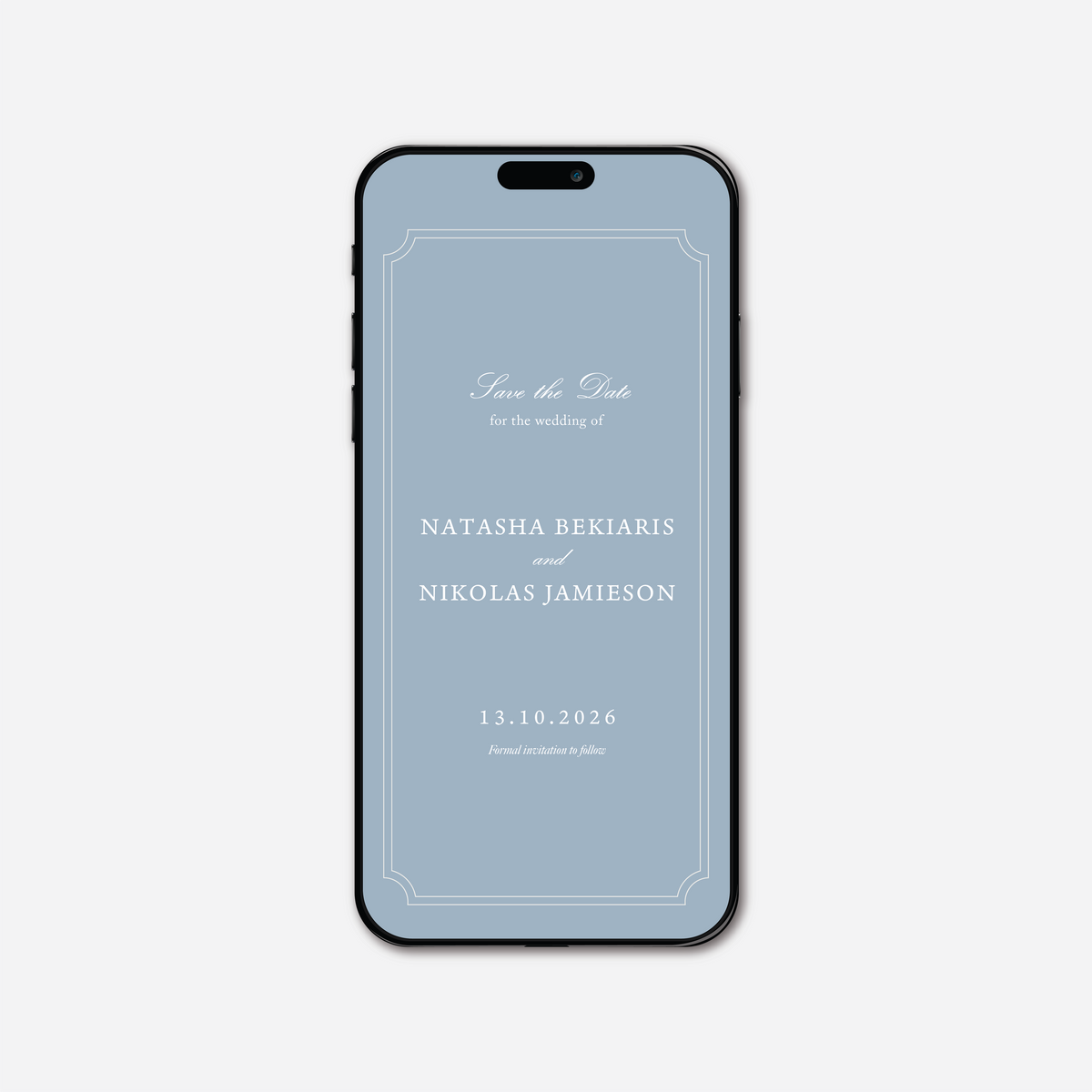 Digital save the date card (Heritage-style) in Wedding Blue — Just Hitched