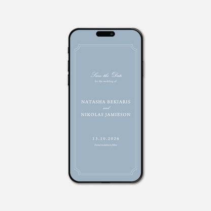 Digital save the date card (Heritage-style) in Wedding Blue — Just Hitched