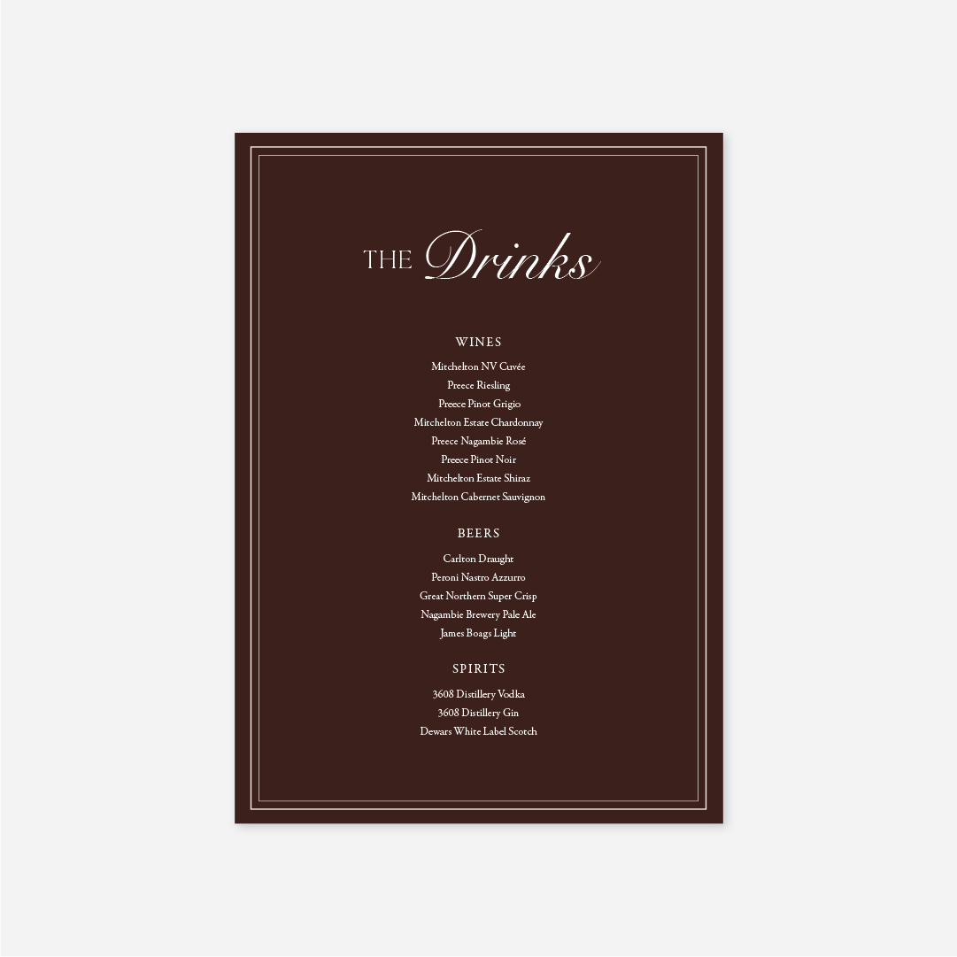 Romance wedding drinks menu wedding stationery in Chocolate — Just Hitched