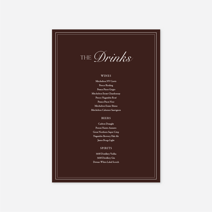 Romance wedding drinks menu wedding stationery in Chocolate — Just Hitched