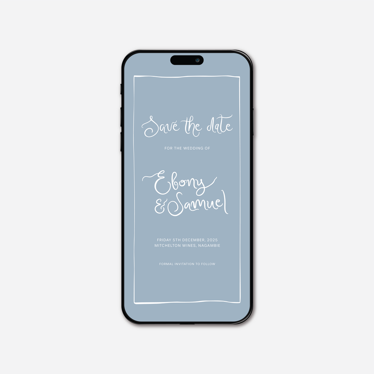 Digital save the date card (Whimsical-style) in Wedding Blue — Just Hitched