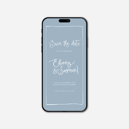 Digital save the date card (Whimsical-style) in Wedding Blue — Just Hitched