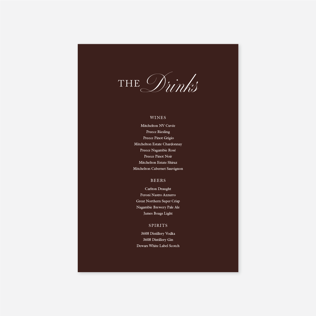 Classic wedding drinks menu wedding stationery in Chocolate — Just Hitched