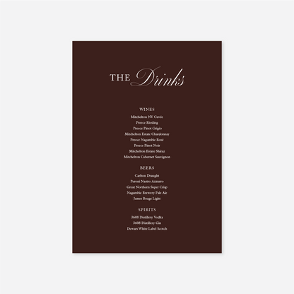 Classic wedding drinks menu wedding stationery in Chocolate — Just Hitched