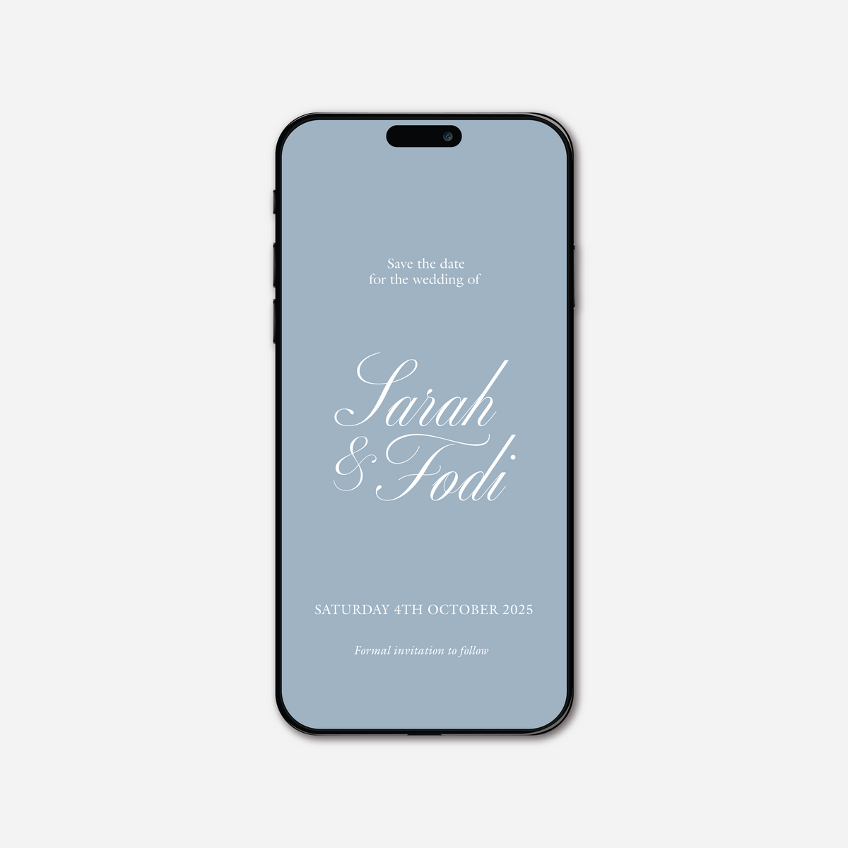 Digital save the date card (Classic-style) in Wedding Blue — Just Hitched