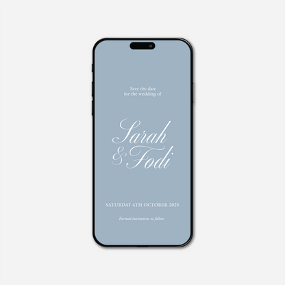 Digital save the date card (Classic-style) in Wedding Blue — Just Hitched