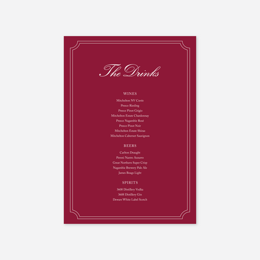 Heritage wedding drinks menu wedding stationery in Chocolate — Just Hitched